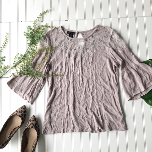 Tops - Boho grey mesh embroidered embellished purple top